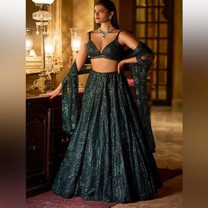 ‼️‼️ SOLD‼️‼️‼️ SEEMA GUJRAL
Green Net Embroidered Lehenga Set